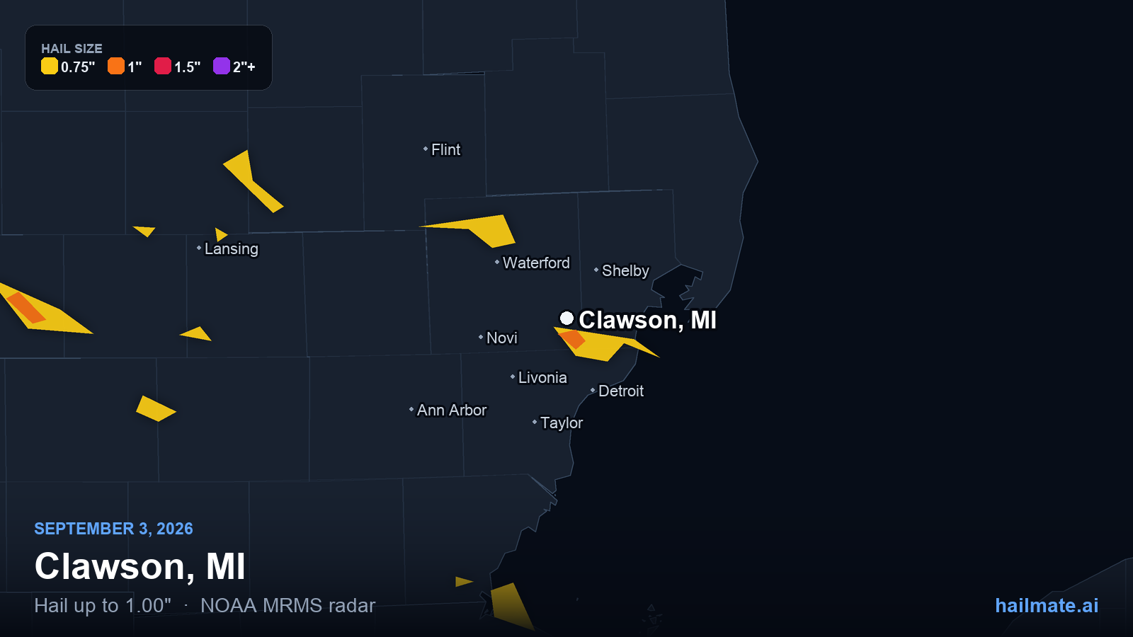 Hail swath map for Clawson, MI on September 3, 2026 showing 1.00 inch hail.