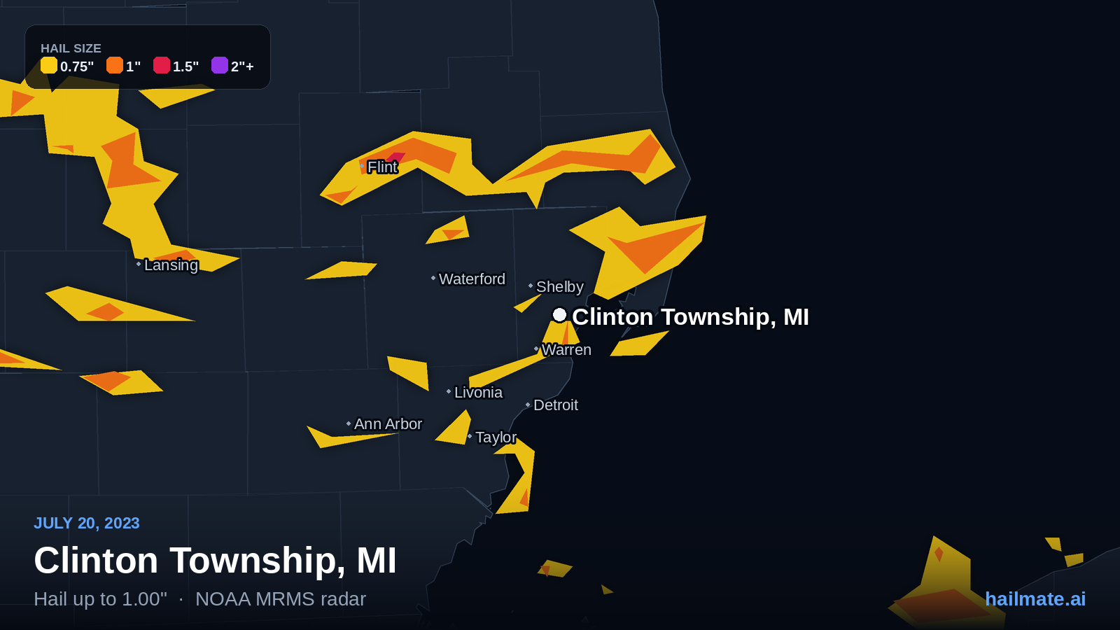 Hail swath map for Clinton Township, MI on July 20, 2023 showing 1.00 inch hail.