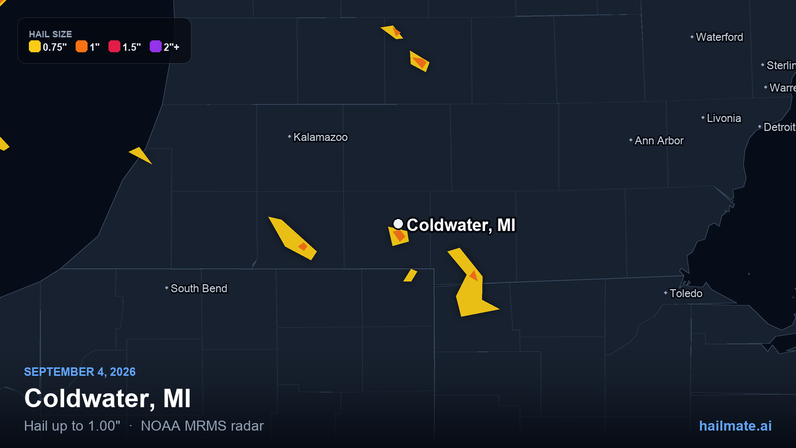 Hail swath map for Coldwater, MI on September 4, 2026 showing 1.00 inch hail.