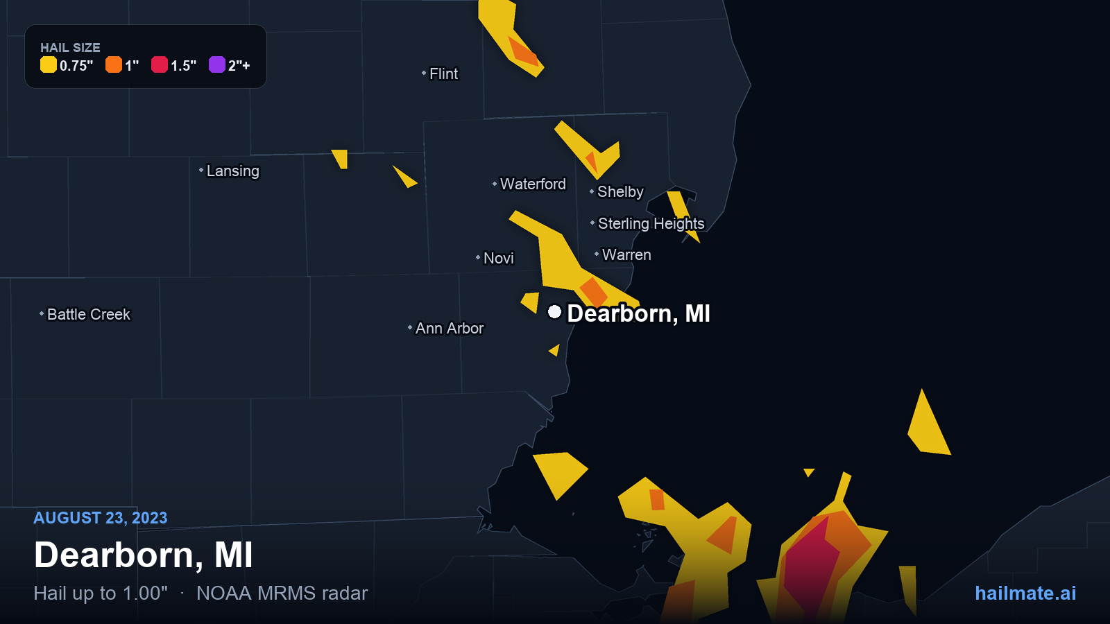Hail swath map for Dearborn, MI on August 23, 2023 showing 1.00 inch hail.