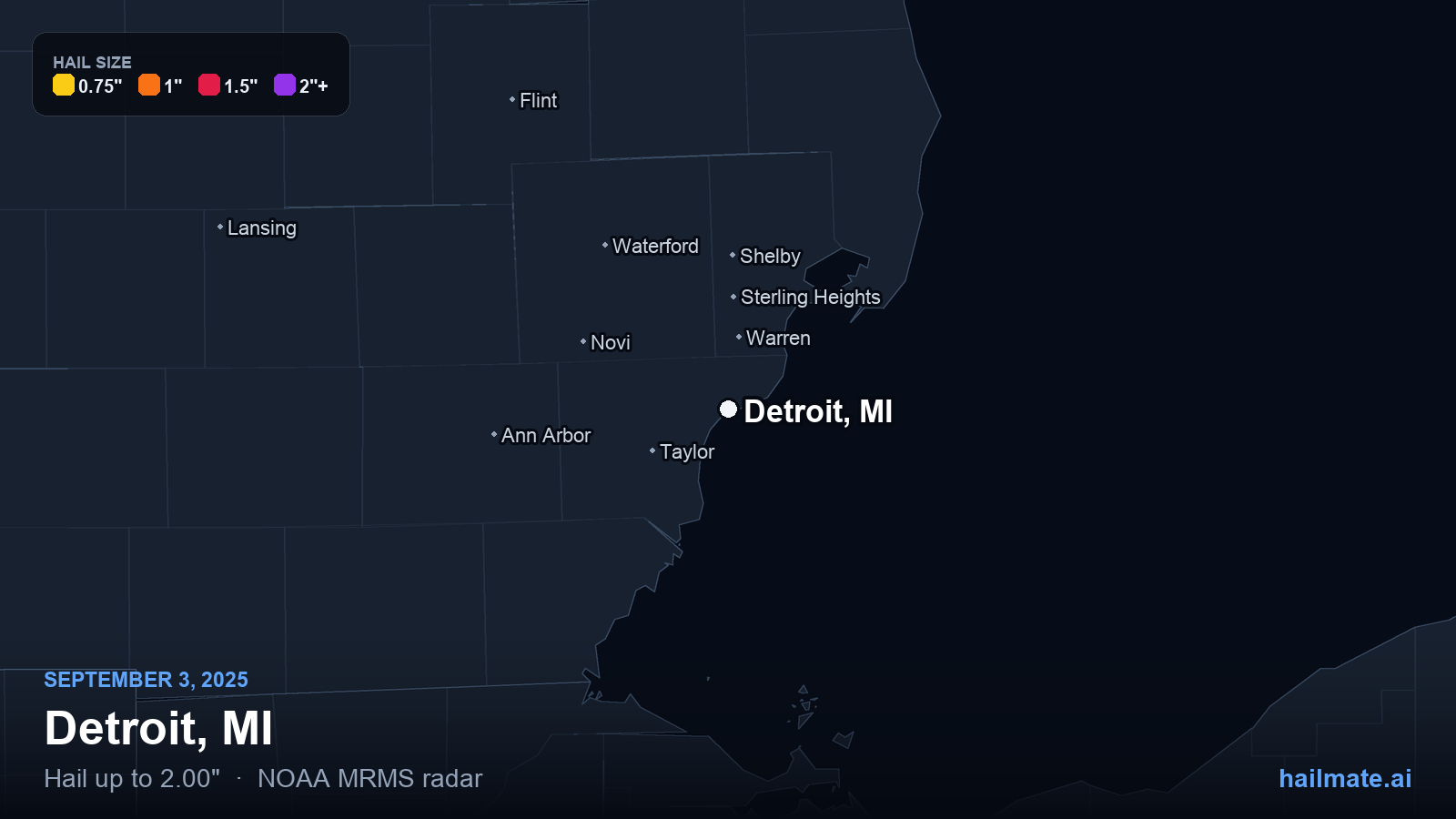 Hail swath map for Detroit, MI on September 3, 2025 showing 2.00 inch hail.