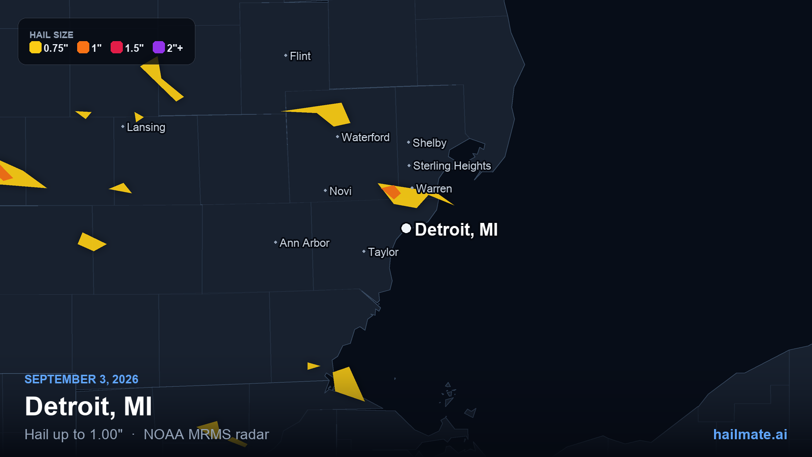 Hail swath map for Detroit, MI on September 3, 2026 showing 1.00 inch hail.