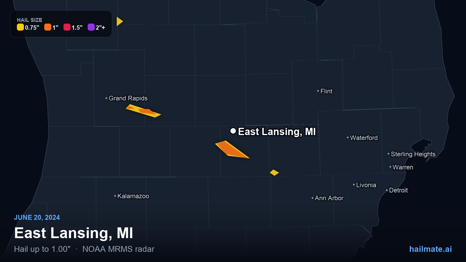 Hail swath map for East Lansing, MI on June 20, 2024 showing 1.00 inch hail.