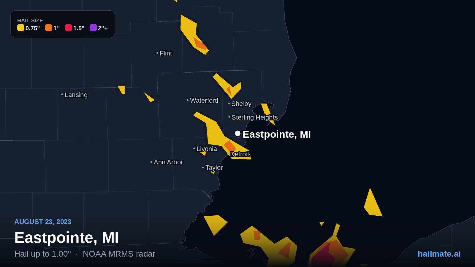 Hail swath map for Eastpointe, MI on August 23, 2023 showing 1.00 inch hail.