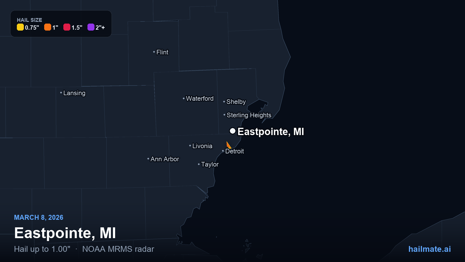 Hail swath map for Eastpointe, MI on March 8, 2026 showing 1.00 inch hail.