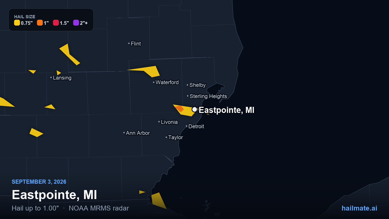 Hail swath map for Eastpointe, MI on September 3, 2026 showing 1.00 inch hail.