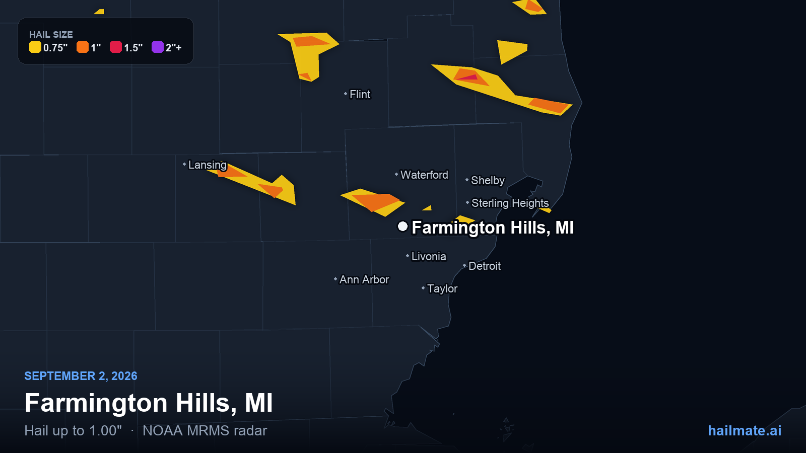 Hail swath map for Farmington Hills, MI on September 2, 2026 showing 1.00 inch hail.