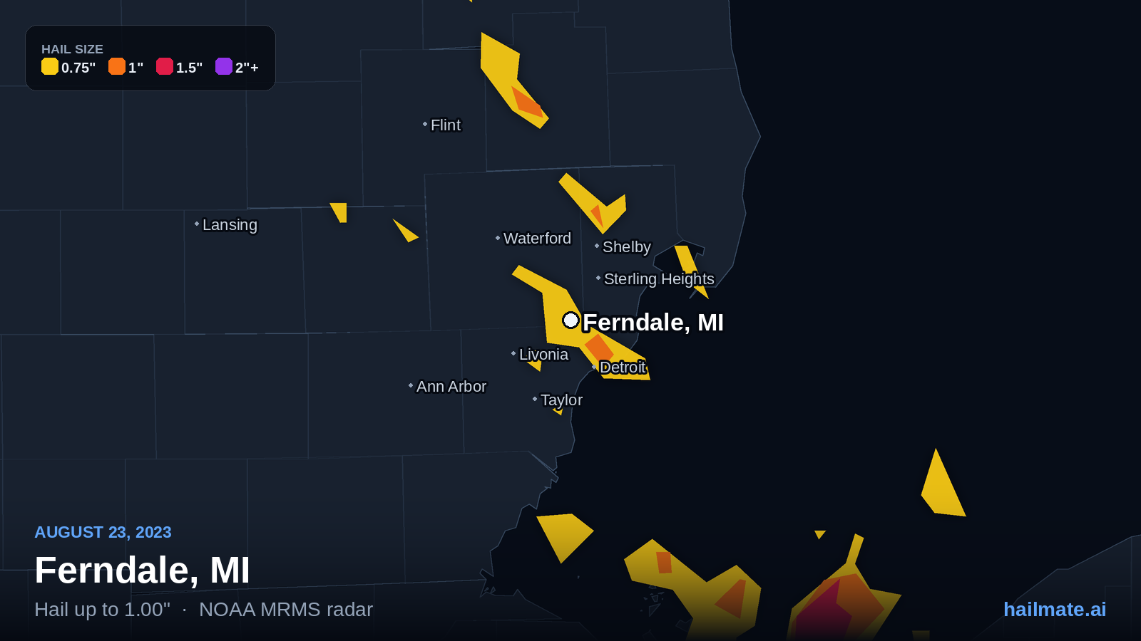 Hail swath map for Ferndale, MI on August 23, 2023 showing 1.00 inch hail.