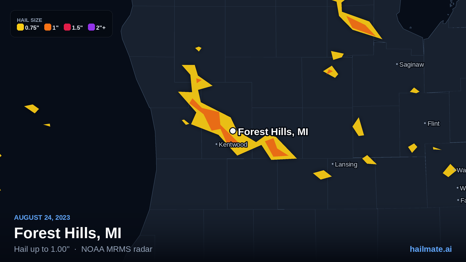 Hail swath map for Forest Hills, MI on August 24, 2023 showing 1.00 inch hail.