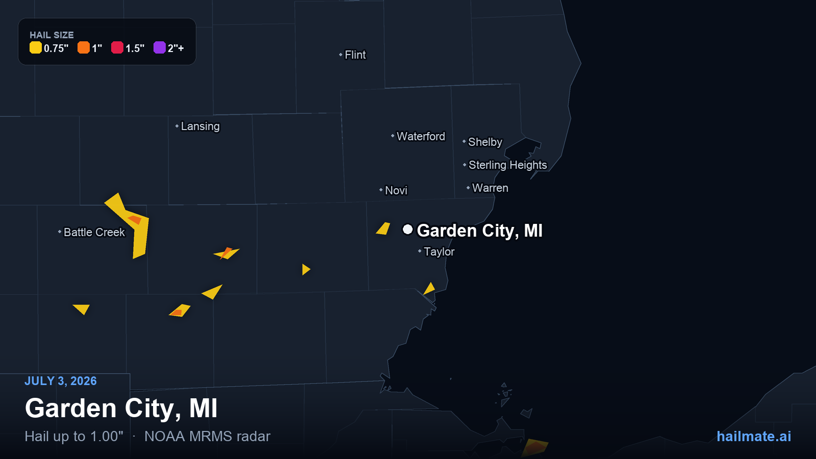 Hail swath map for Garden City, MI on July 3, 2026 showing 1.00 inch hail.
