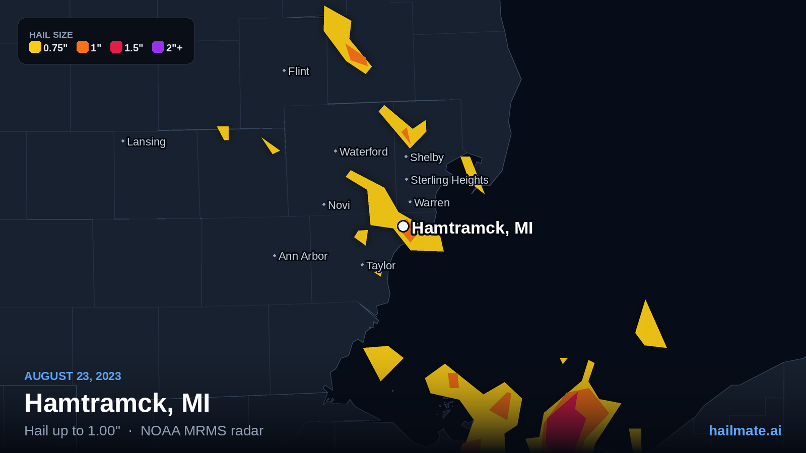 Hail swath map for Hamtramck, MI on August 23, 2023 showing 1.00 inch hail.