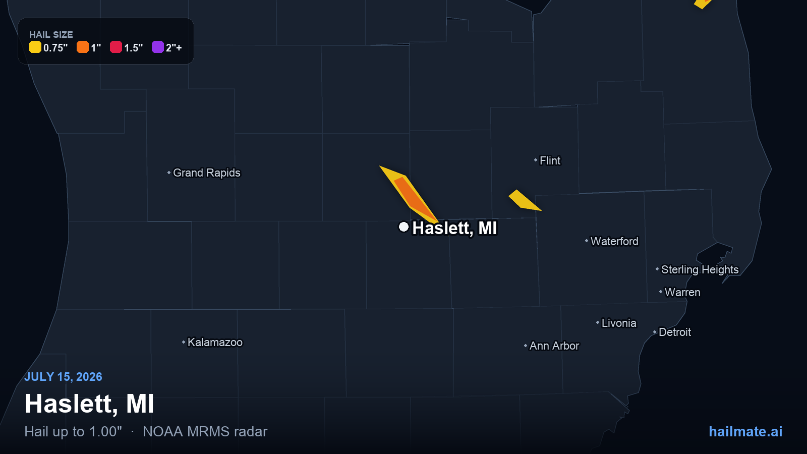 Hail swath map for Haslett, MI on July 15, 2026 showing 1.00 inch hail.