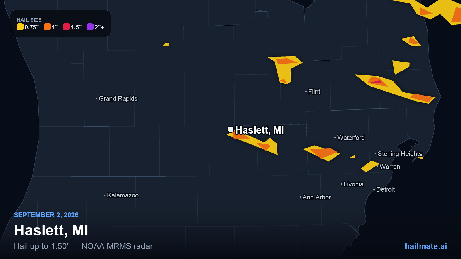 Hail swath map for Haslett, MI on September 2, 2026 showing 1.50 inch hail.