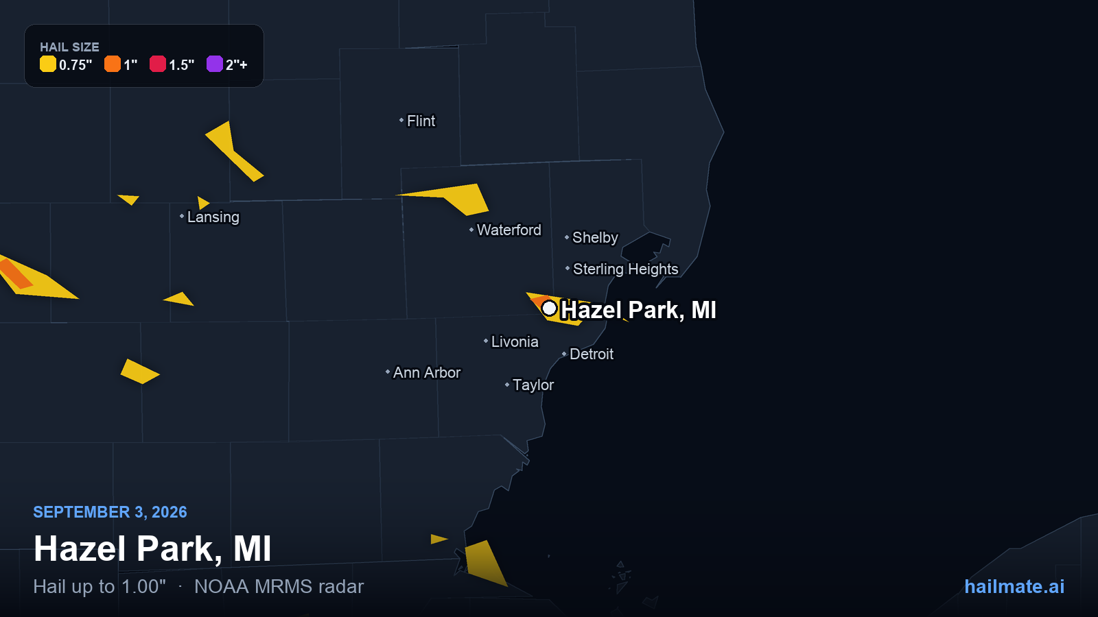 Hail swath map for Hazel Park, MI on September 3, 2026 showing 1.00 inch hail.
