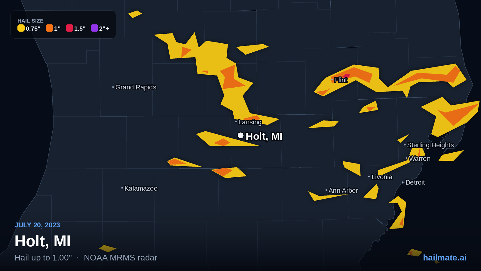 Hail swath map for Holt, MI on July 20, 2023 showing 1.00 inch hail.
