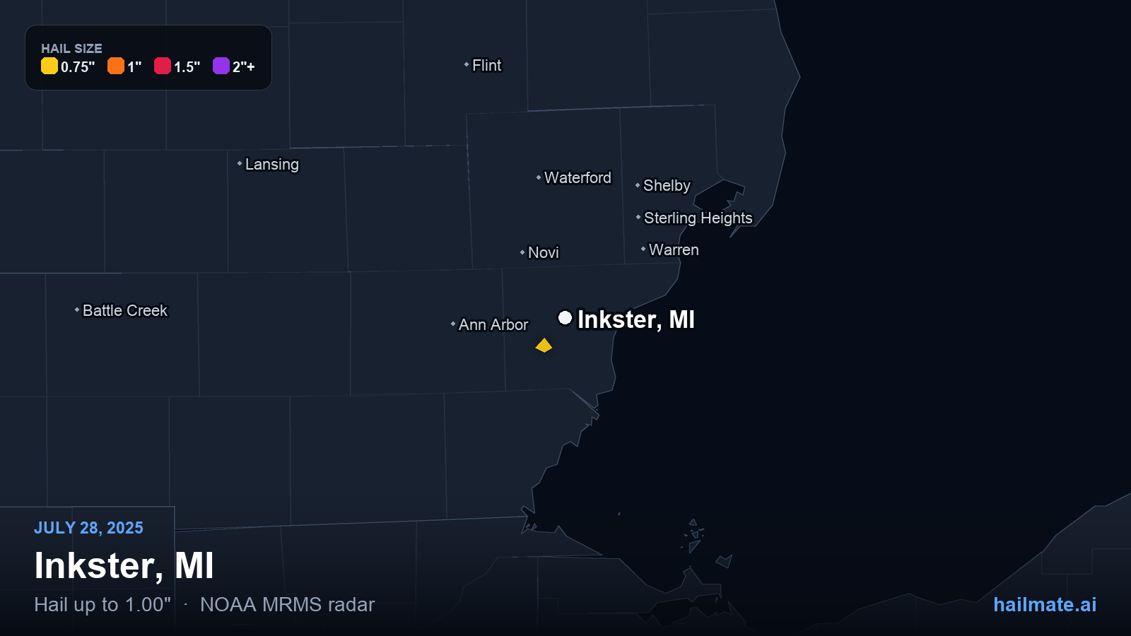 Hail swath map for Inkster, MI on July 28, 2025 showing 1.00 inch hail.