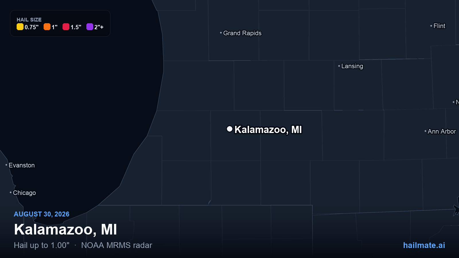 Hail swath map for Kalamazoo, MI on August 30, 2026 showing 1.00 inch hail.