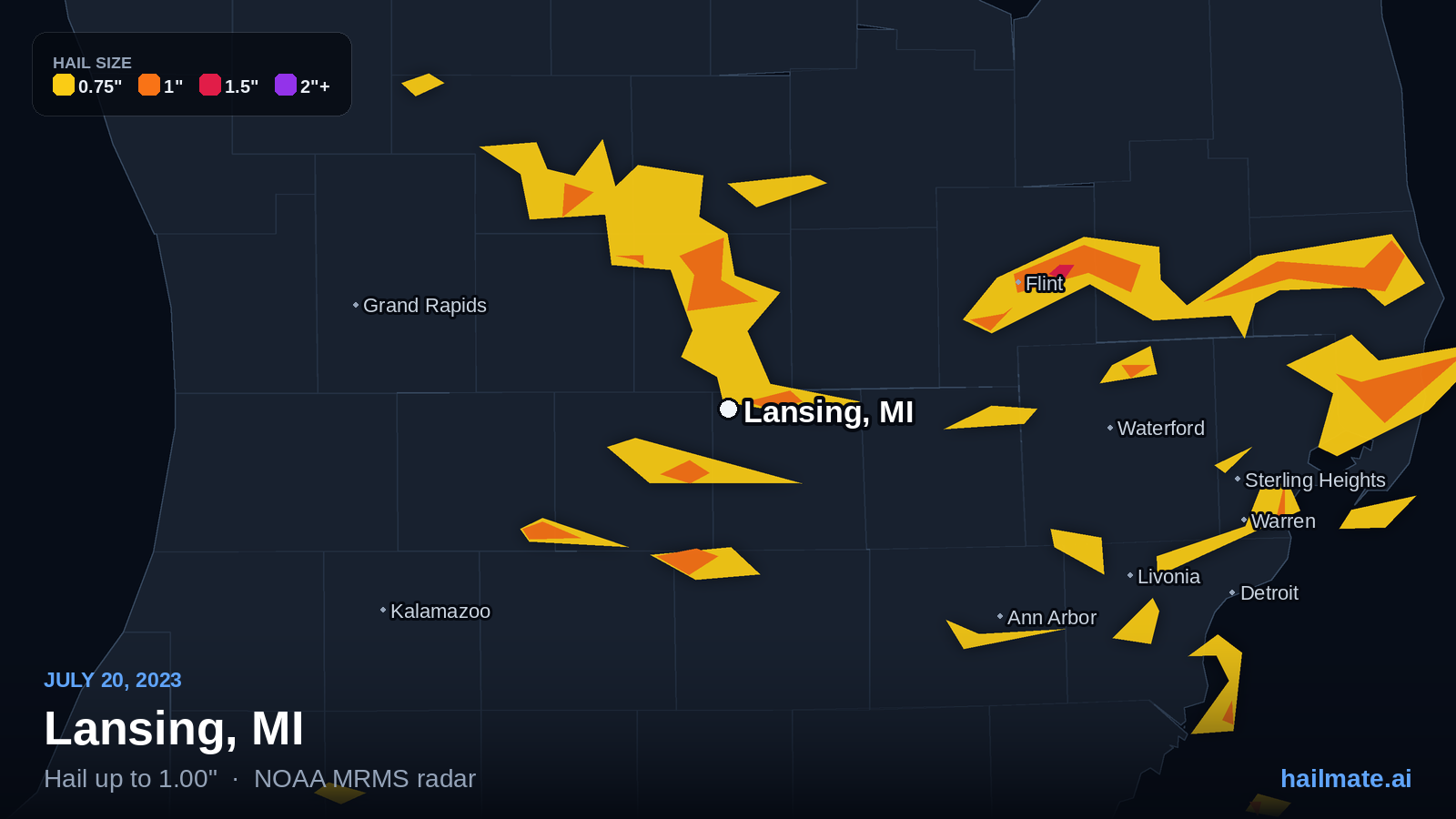 Hail swath map for Lansing, MI on July 20, 2023 showing 1.00 inch hail.