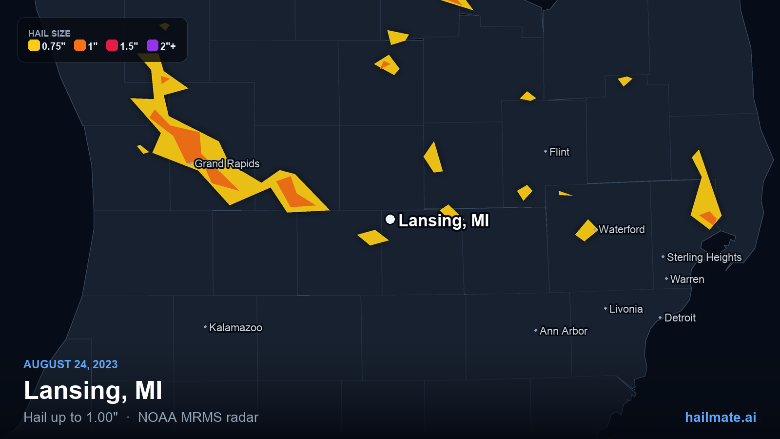 Hail swath map for Lansing, MI on August 24, 2023 showing 1.00 inch hail.