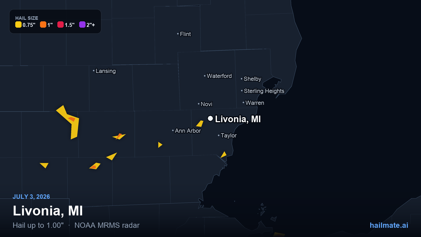 Hail swath map for Livonia, MI on July 3, 2026 showing 1.00 inch hail.