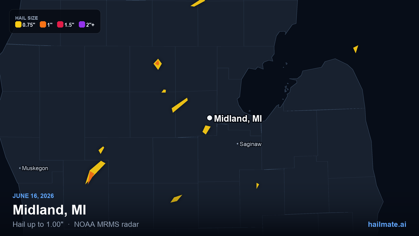 Hail swath map for Midland, MI on June 16, 2026 showing 1.00 inch hail.