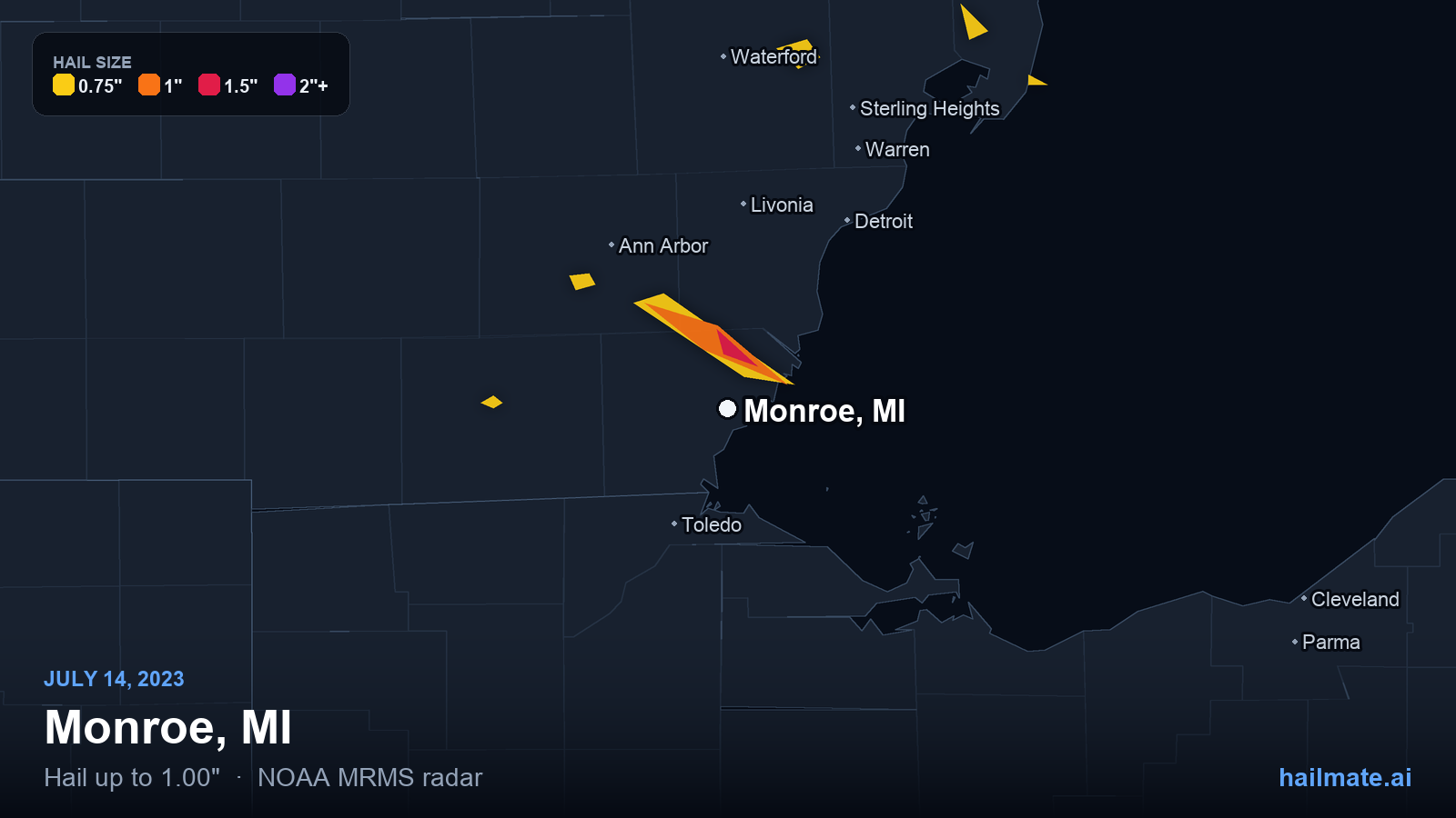 Hail swath map for Monroe, MI on July 14, 2023 showing 1.00 inch hail.