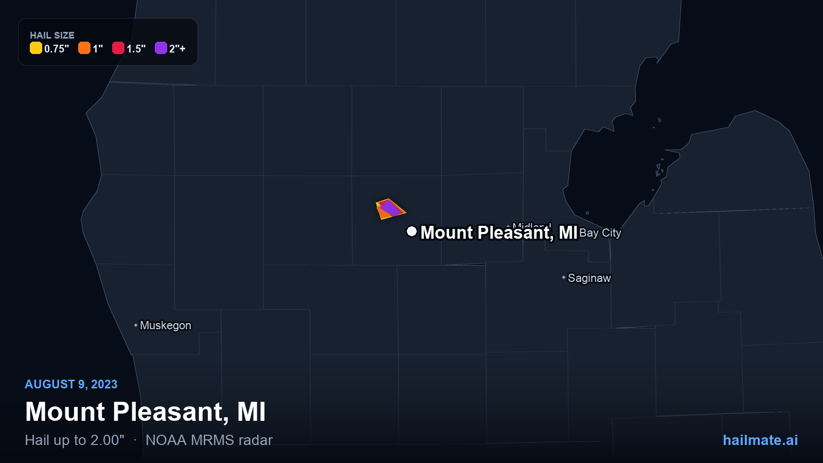 Hail swath map for Mount Pleasant, MI on August 9, 2023 showing 2.00 inch hail.