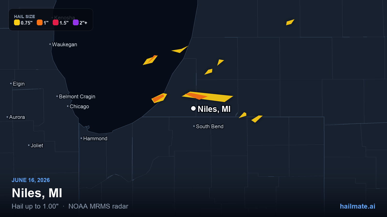Hail swath map for Niles, MI on June 16, 2026 showing 1.00 inch hail.