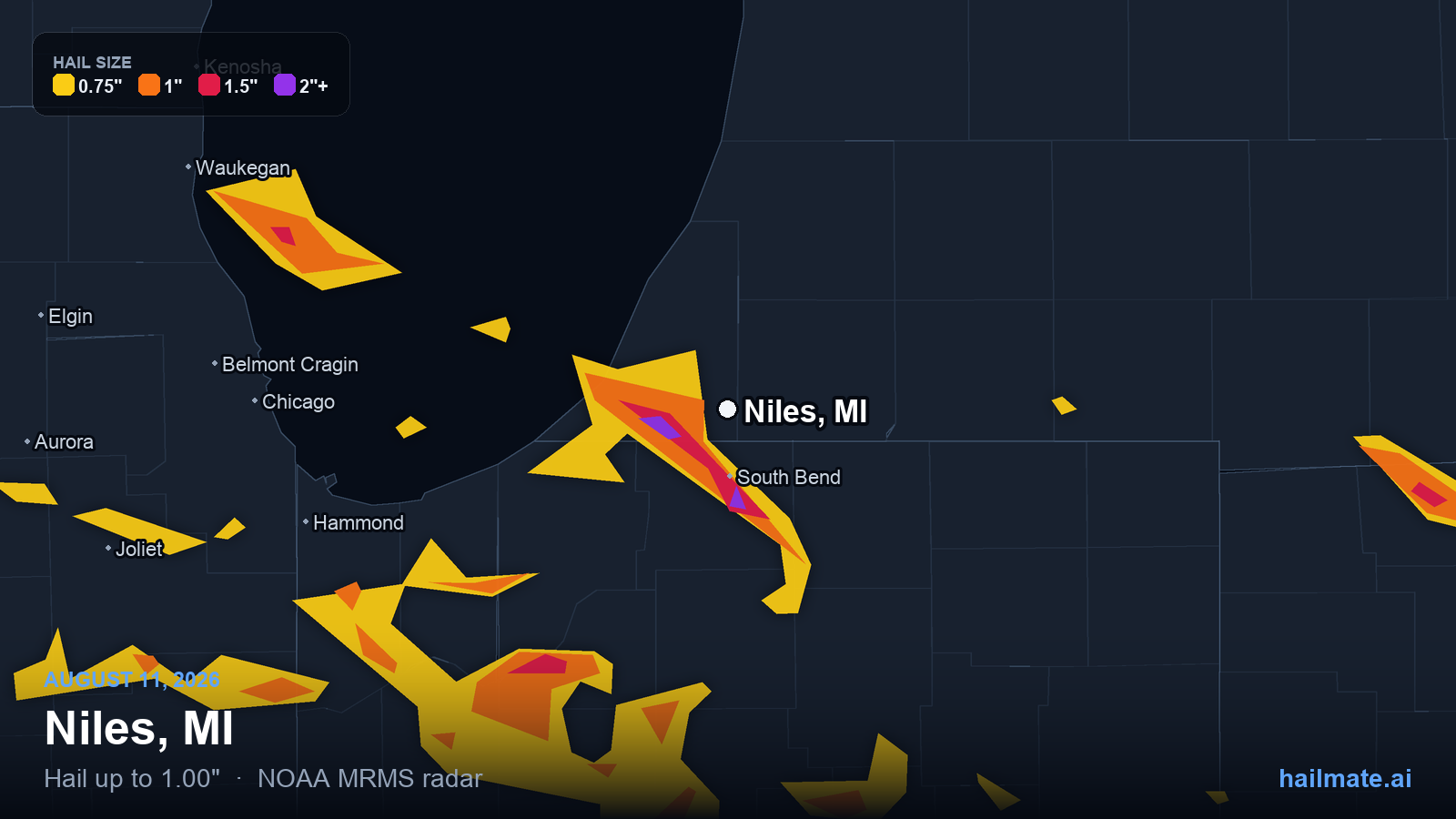 Hail swath map for Niles, MI on August 11, 2026 showing 1.00 inch hail.