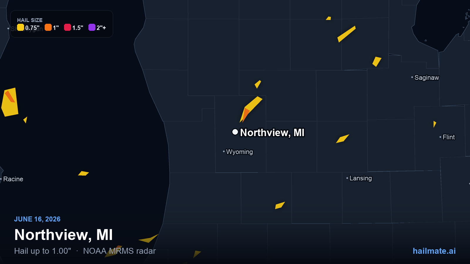 Hail swath map for Northview, MI on June 16, 2026 showing 1.00 inch hail.