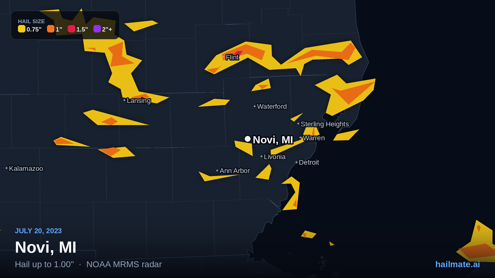 Hail swath map for Novi, MI on July 20, 2023 showing 1.00 inch hail.
