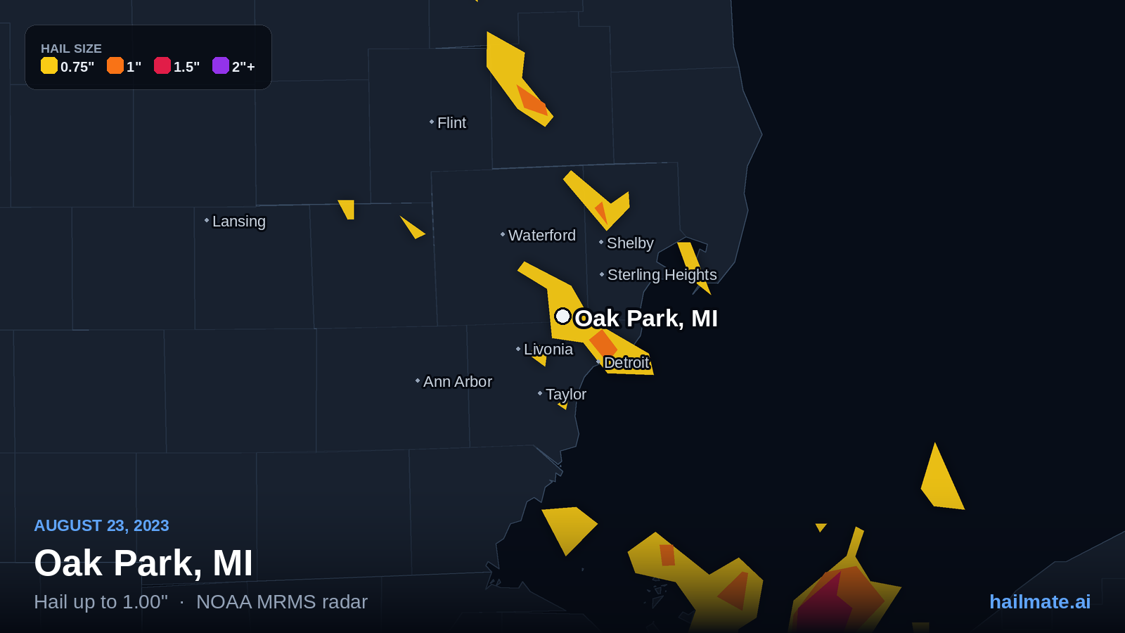 Hail swath map for Oak Park, MI on August 23, 2023 showing 1.00 inch hail.