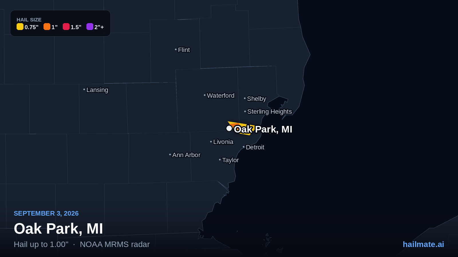 Hail swath map for Oak Park, MI on September 3, 2026 showing 1.00 inch hail.