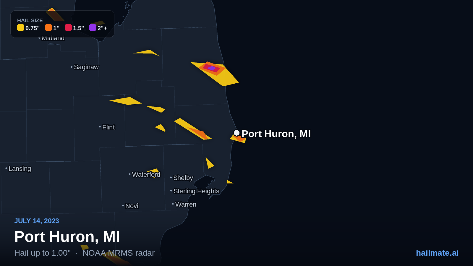 Hail swath map for Port Huron, MI on July 14, 2023 showing 1.00 inch hail.