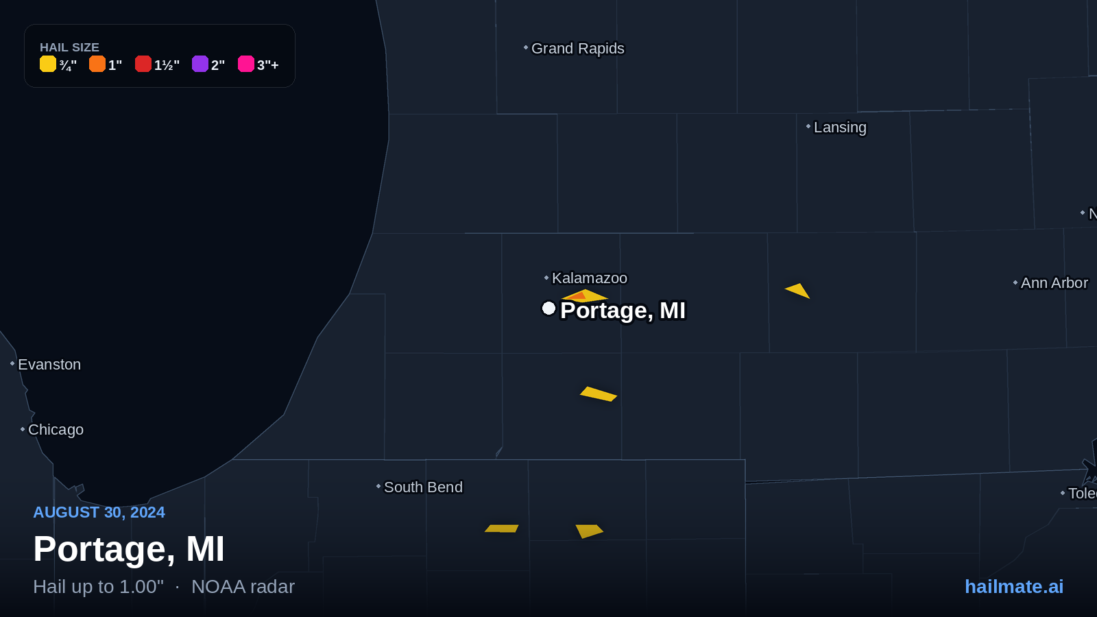 Hail swath map for Portage, MI on August 30, 2024 showing 1.00 inch hail.