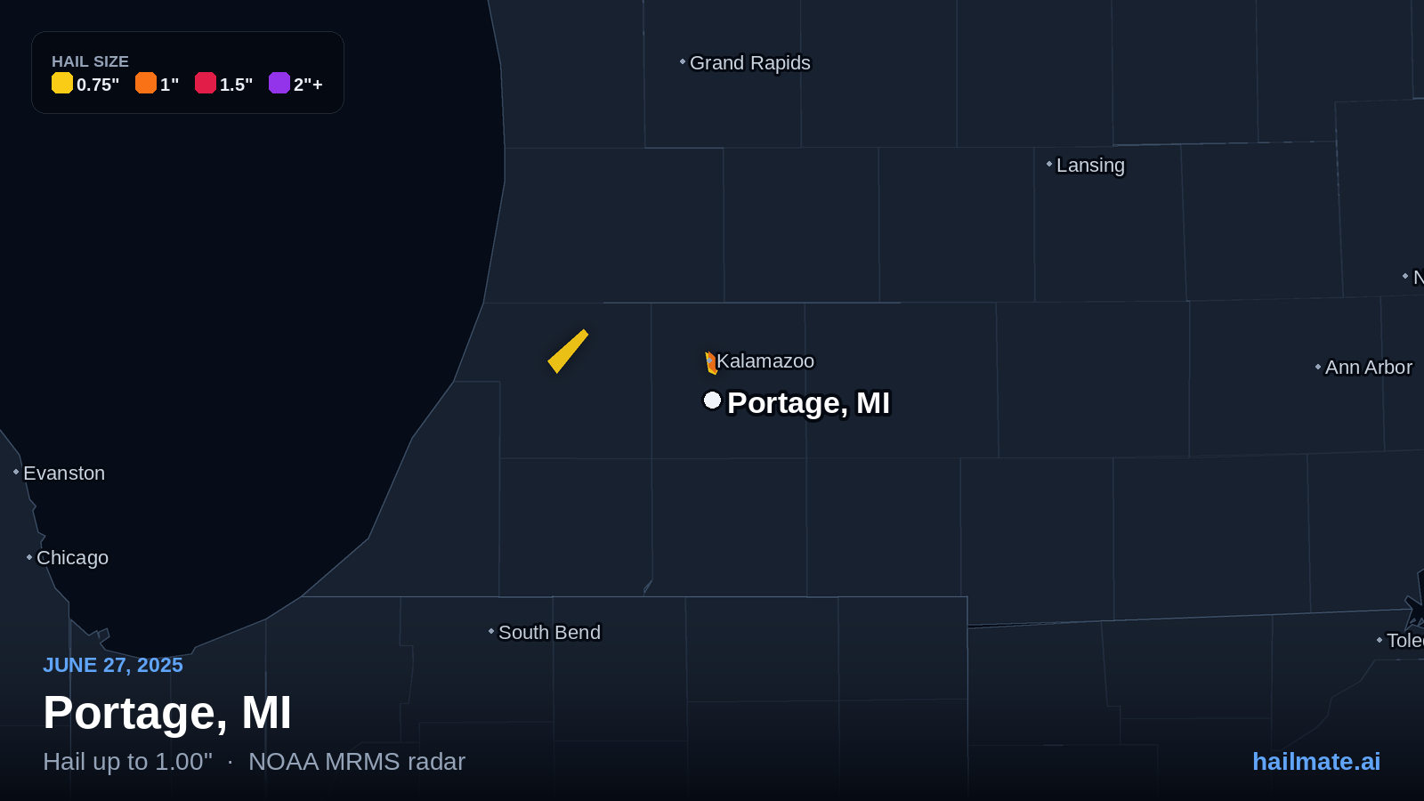 Hail swath map for Portage, MI on June 27, 2025 showing 1.00 inch hail.