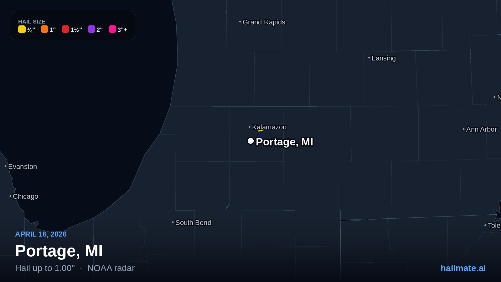 Hail swath map for Portage, MI on April 16, 2026 showing 1.00 inch hail.