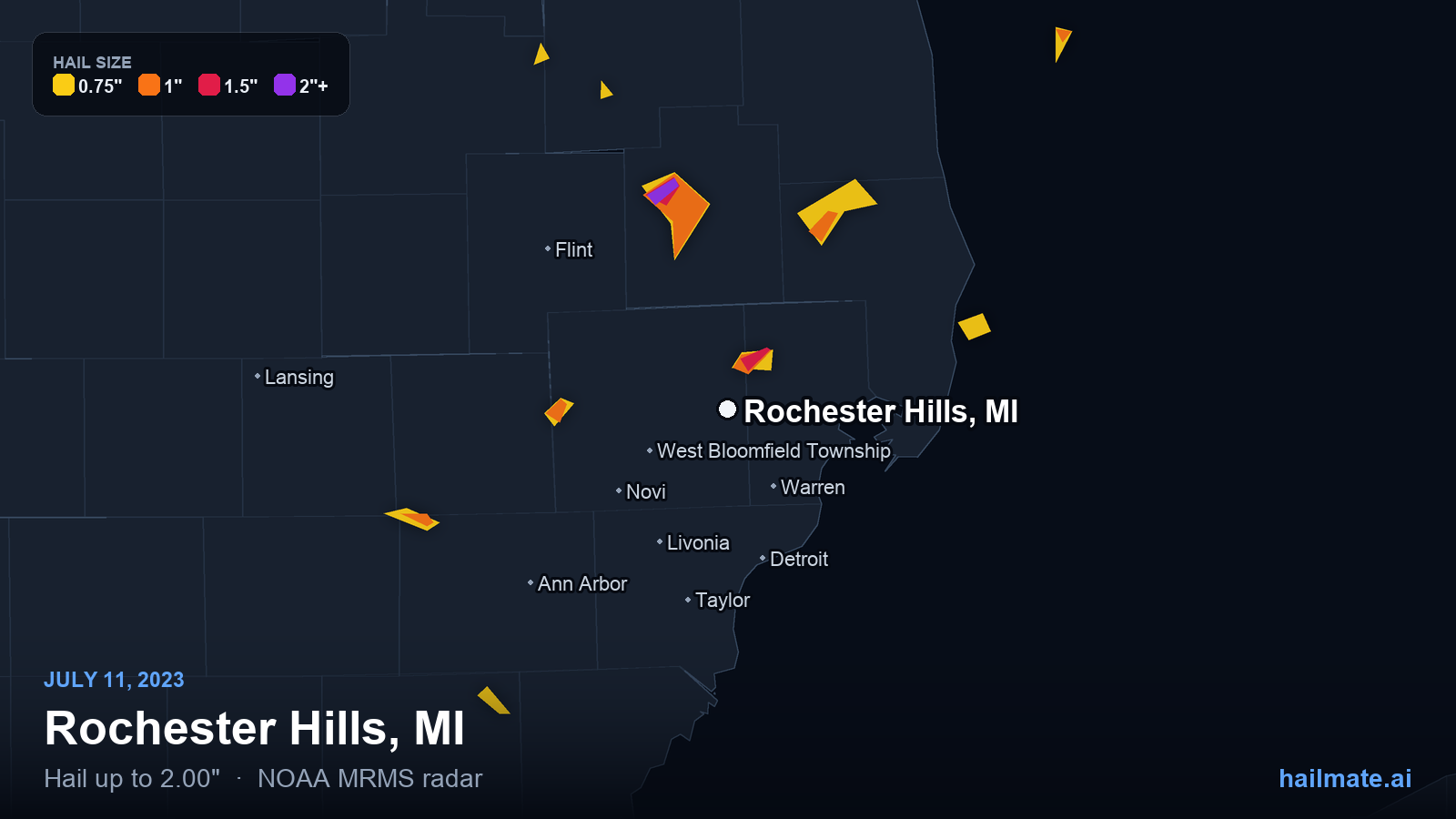 Hail swath map for Rochester Hills, MI on July 11, 2023 showing 2.00 inch hail.