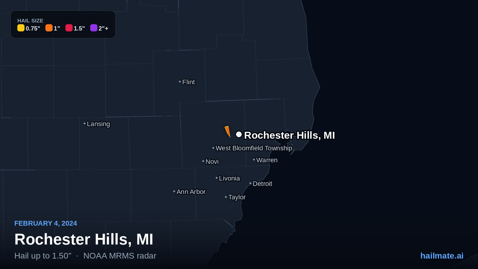 Hail swath map for Rochester Hills, MI on February 4, 2024 showing 1.50 inch hail.