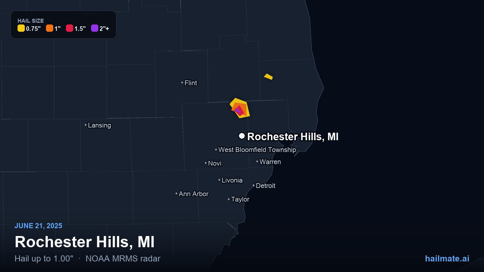 Hail swath map for Rochester Hills, MI on June 21, 2025 showing 1.00 inch hail.