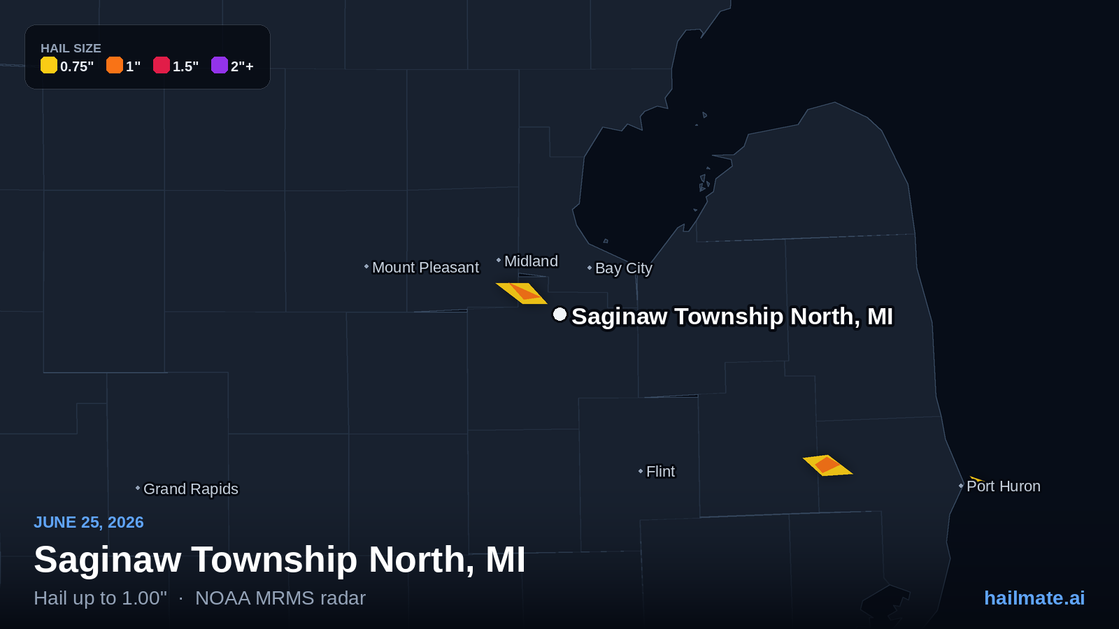 Hail swath map for Saginaw Township North, MI on June 25, 2026 showing 1.00 inch hail.
