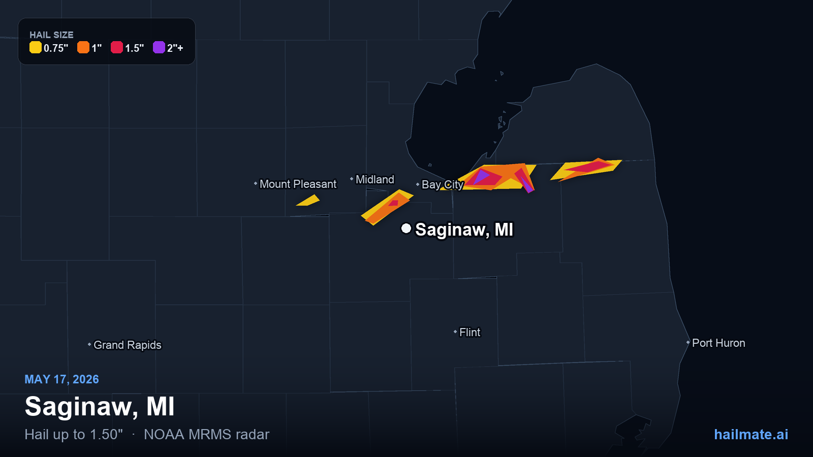 Hail swath map for Saginaw, MI on May 17, 2026 showing 1.50 inch hail.