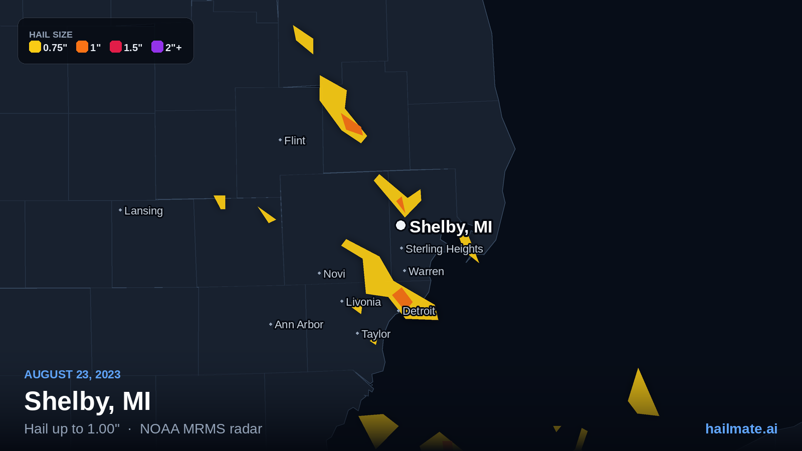 Hail swath map for Shelby, MI on August 23, 2023 showing 1.00 inch hail.