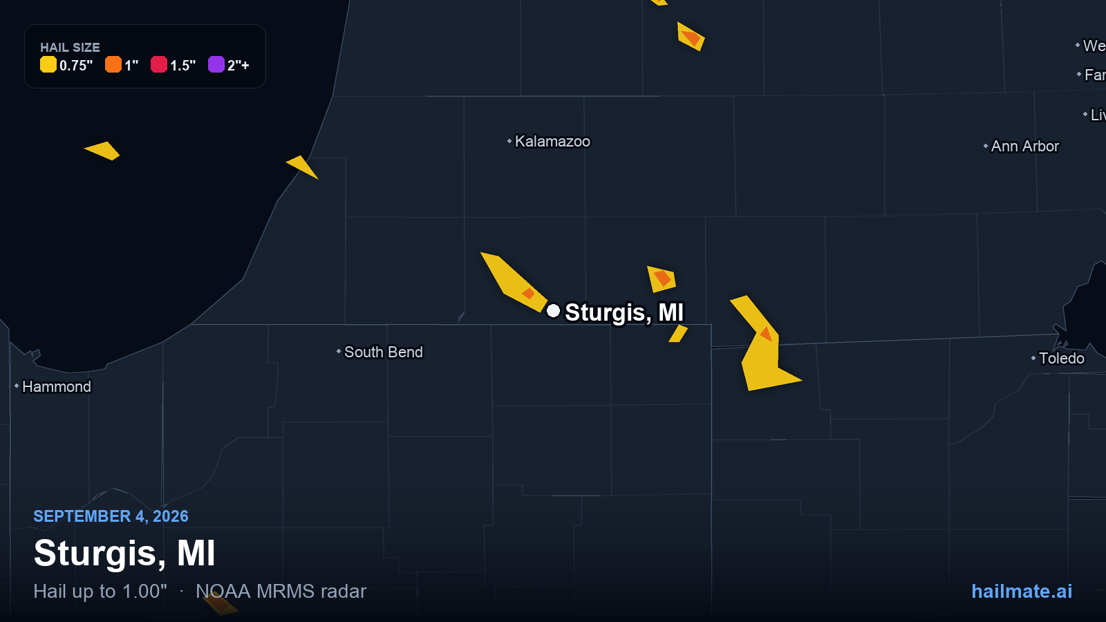 Hail swath map for Sturgis, MI on September 4, 2026 showing 1.00 inch hail.