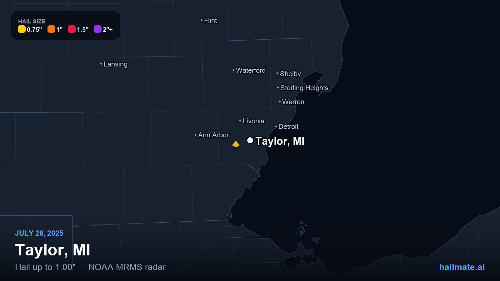 Hail swath map for Taylor, MI on July 28, 2025 showing 1.00 inch hail.
