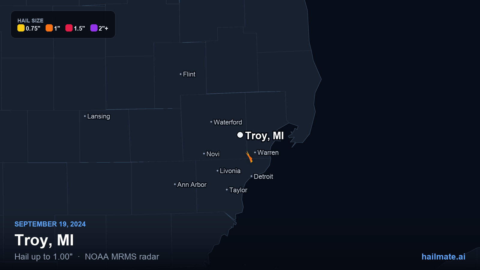 Hail swath map for Troy, MI on September 19, 2024 showing 1.00 inch hail.