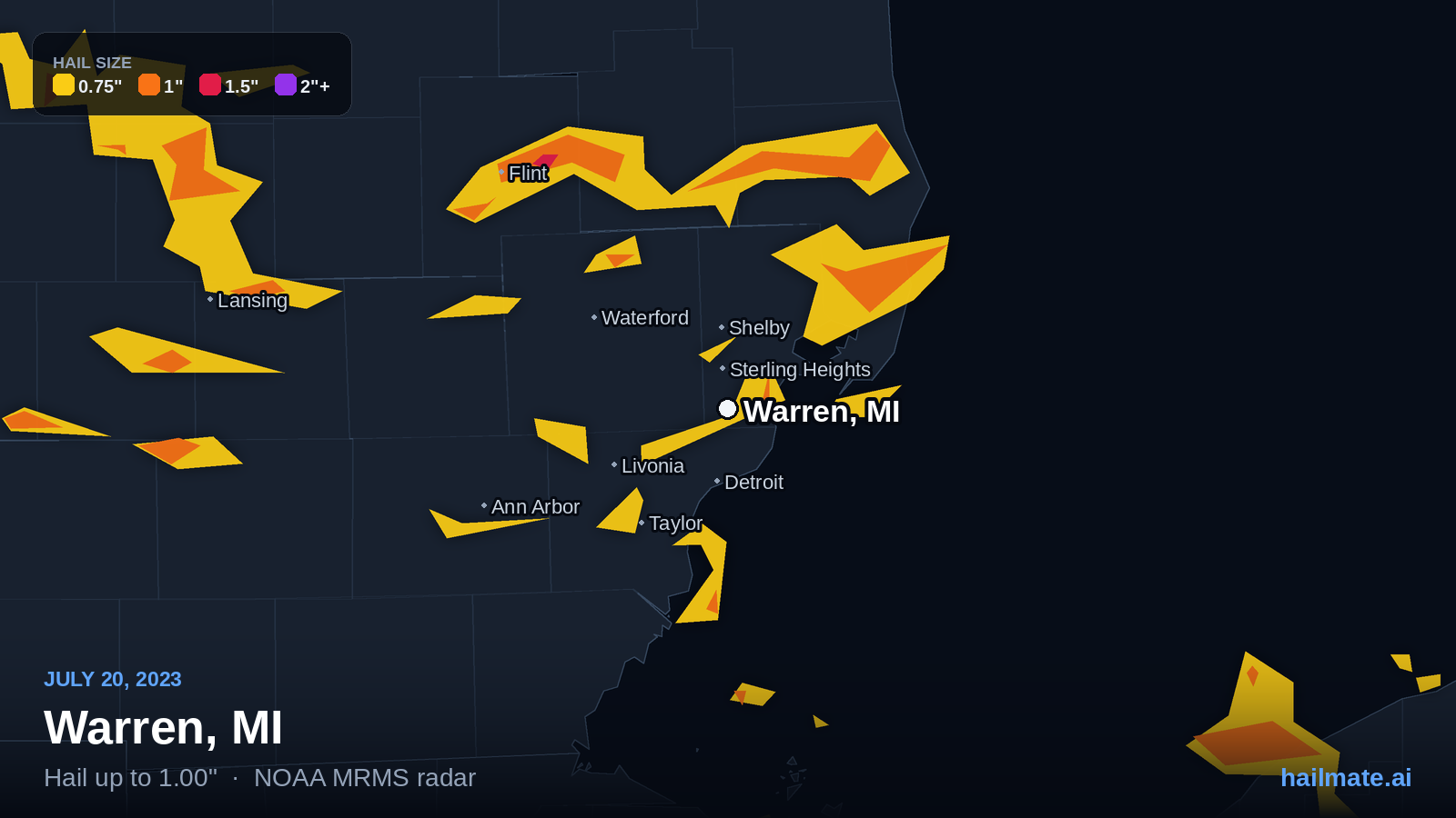 Hail swath map for Warren, MI on July 20, 2023 showing 1.00 inch hail.