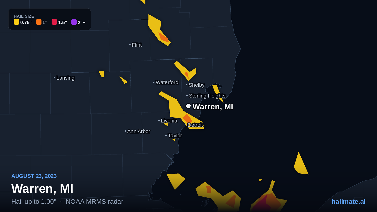 Hail swath map for Warren, MI on August 23, 2023 showing 1.00 inch hail.