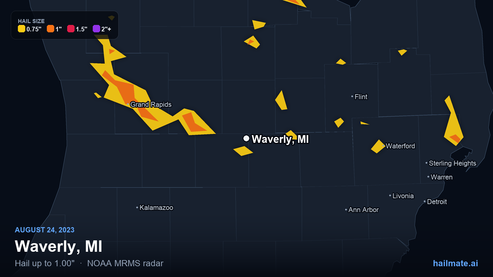 Hail swath map for Waverly, MI on August 24, 2023 showing 1.00 inch hail.