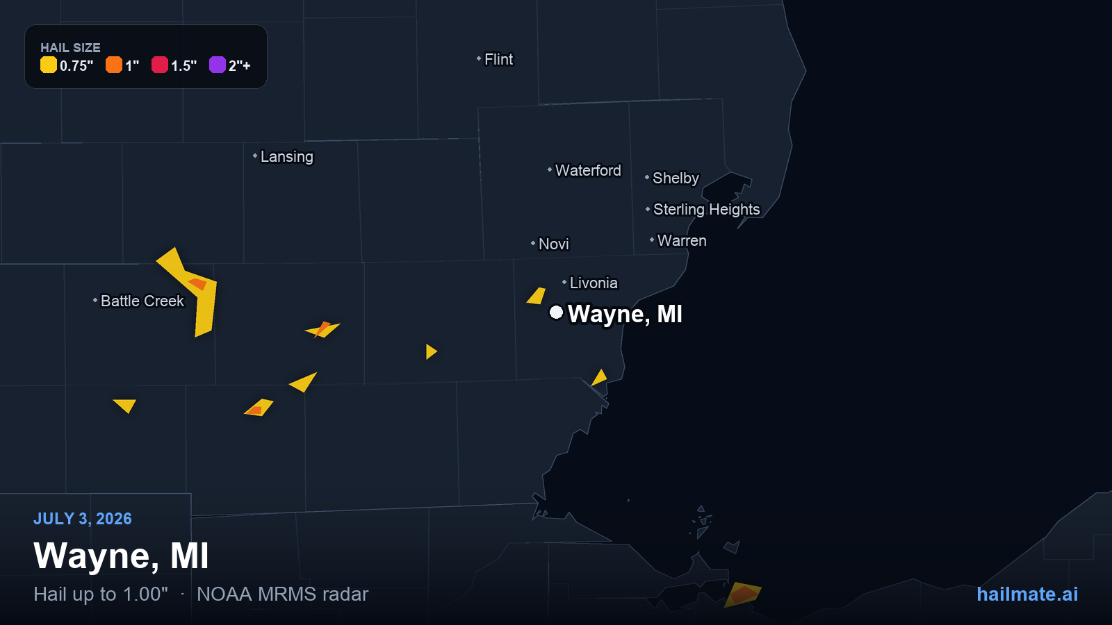 Hail swath map for Wayne, MI on July 3, 2026 showing 1.00 inch hail.